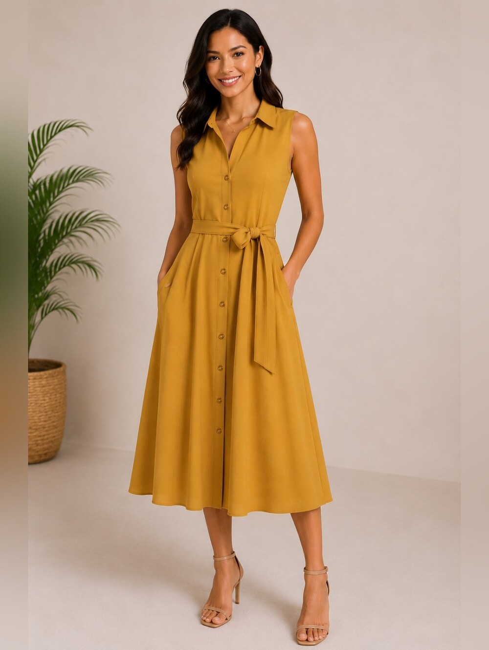 Mustard Yellow Sleeveless Shirt Midi Dress w/ Button Front & Waist Belt size 12